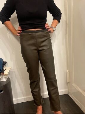Neiman Marcus Olive Faux Leather Straight-Leg Pants
